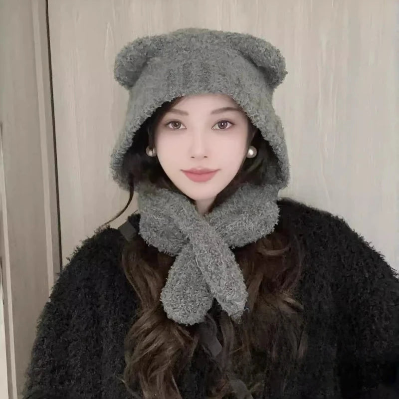 Bear Ear Knitted Hat & Scarf Set | Warm Winter 2-Piece Women