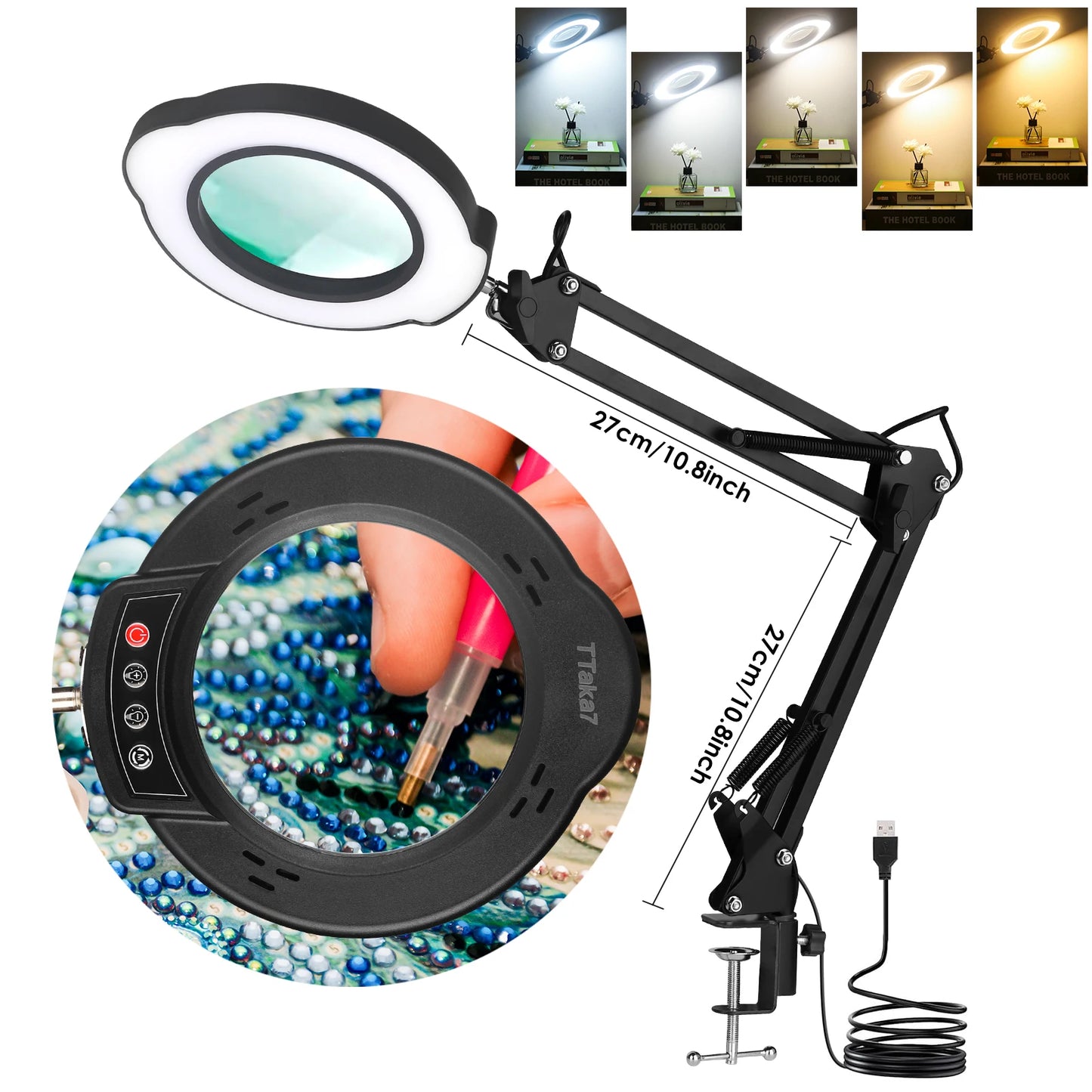 72LED 8X/10X NEW Illuminated Magnifier USB 3 Colors LED Magnifying Glass for Soldering Iron Repair/Table Lamp/Skincare Beauty Peaceful Pleasures Health and Wellness New Short--Black