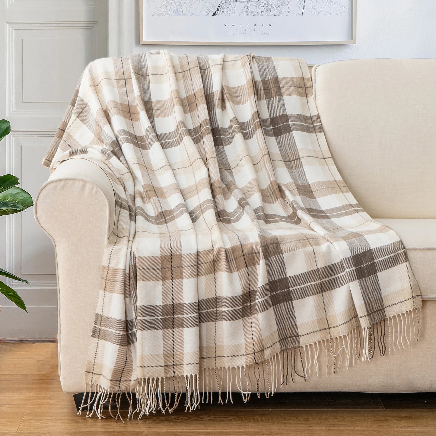 Battilo Plaid Knit Throw Blanket | Beige Tassel Sofa Blanket