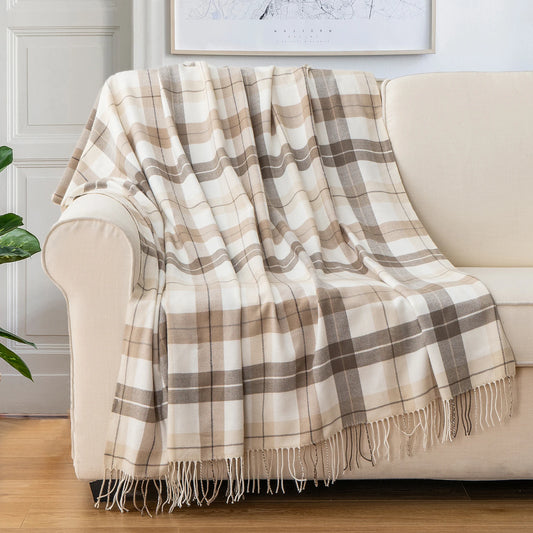 Battilo Plaid Throw Blanket for Bed Couch Beige Lightweight Sofa Blanket Cashmere Blanket with Tassels Knit Throw for All Season Peaceful Pleasures Health and Wellness
