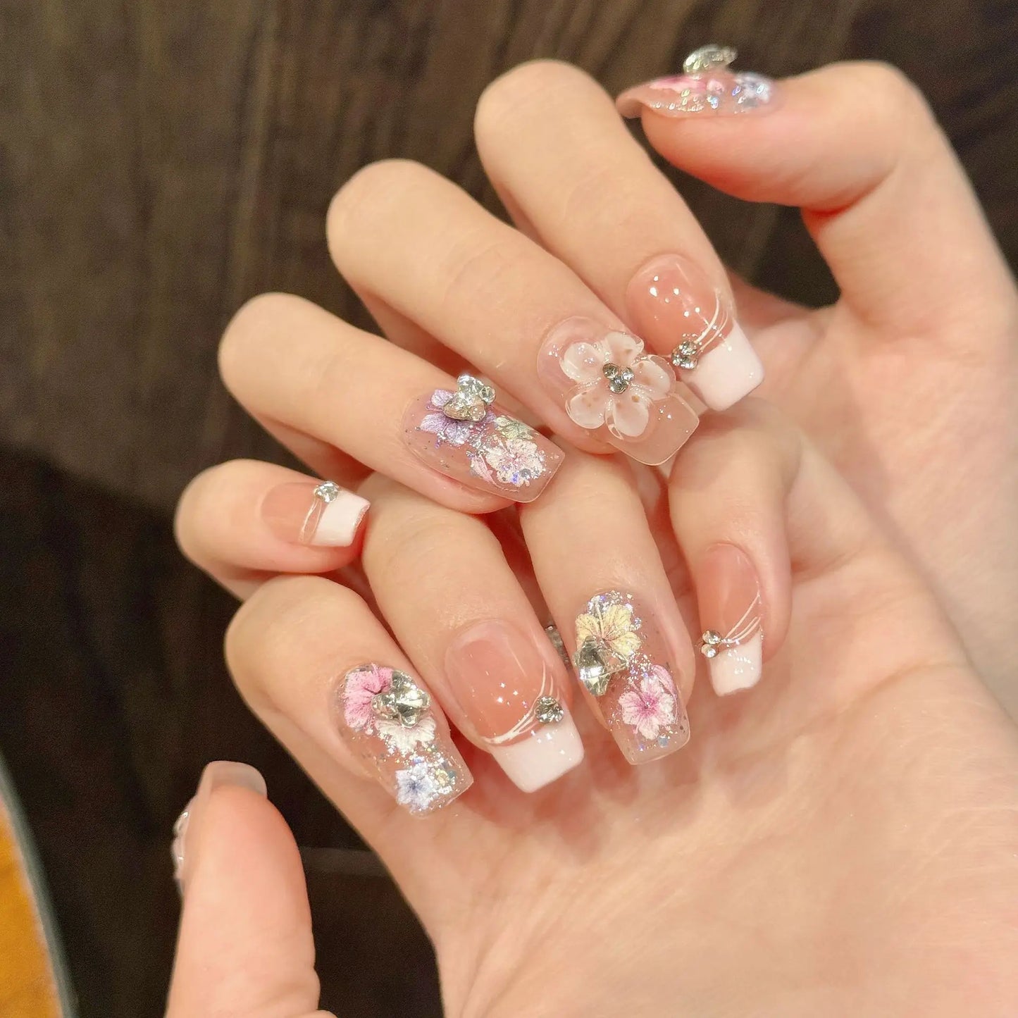 10pcs Handmade Press on Nails Summer Color Flowers Fake Nail Tips Women Wearable Reusable Short Almond Ballet French False Nails Peaceful Pleasures Health and Wellness L 1