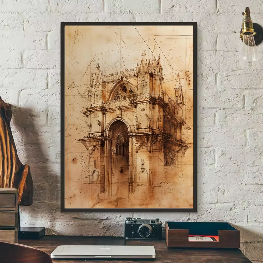 Vintage Architecture Drawings Wall Poster | Waterproof PVC Art Wall Art Poster Peaceful Pleasures Health and Wellness z9 30X40cmNoframe