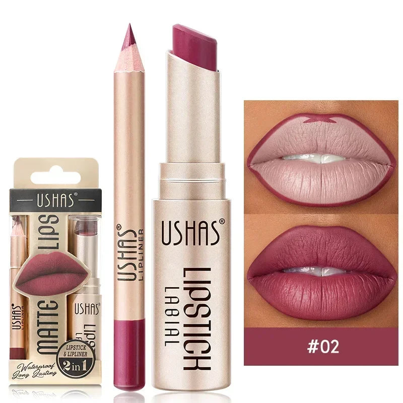 Professional 2 In 1 Lip Liner Lipstick Set Matte Finish High Pigment Long Lasting Waterproof Sweatproof Cosmetic Beauty Makeup Peaceful Pleasures Health and Wellness S2