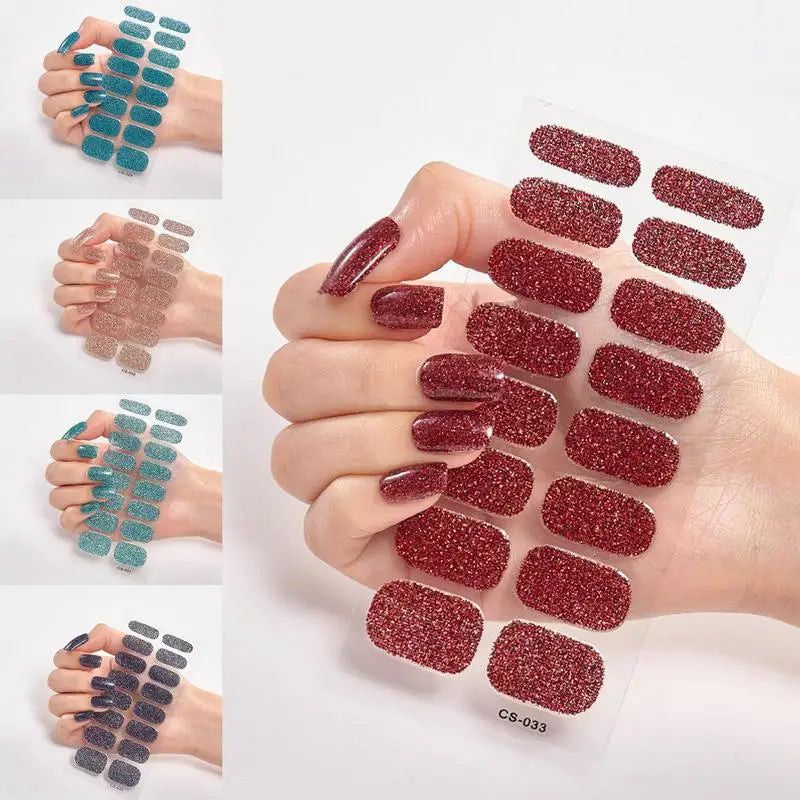 French Glitter Foil UV Gel Nail Wraps – 16-Tip Semi-Cured Strips