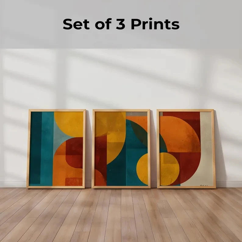 3-Piece Bauhaus Abstract Canvas Wall Art | Mustard Teal Orange