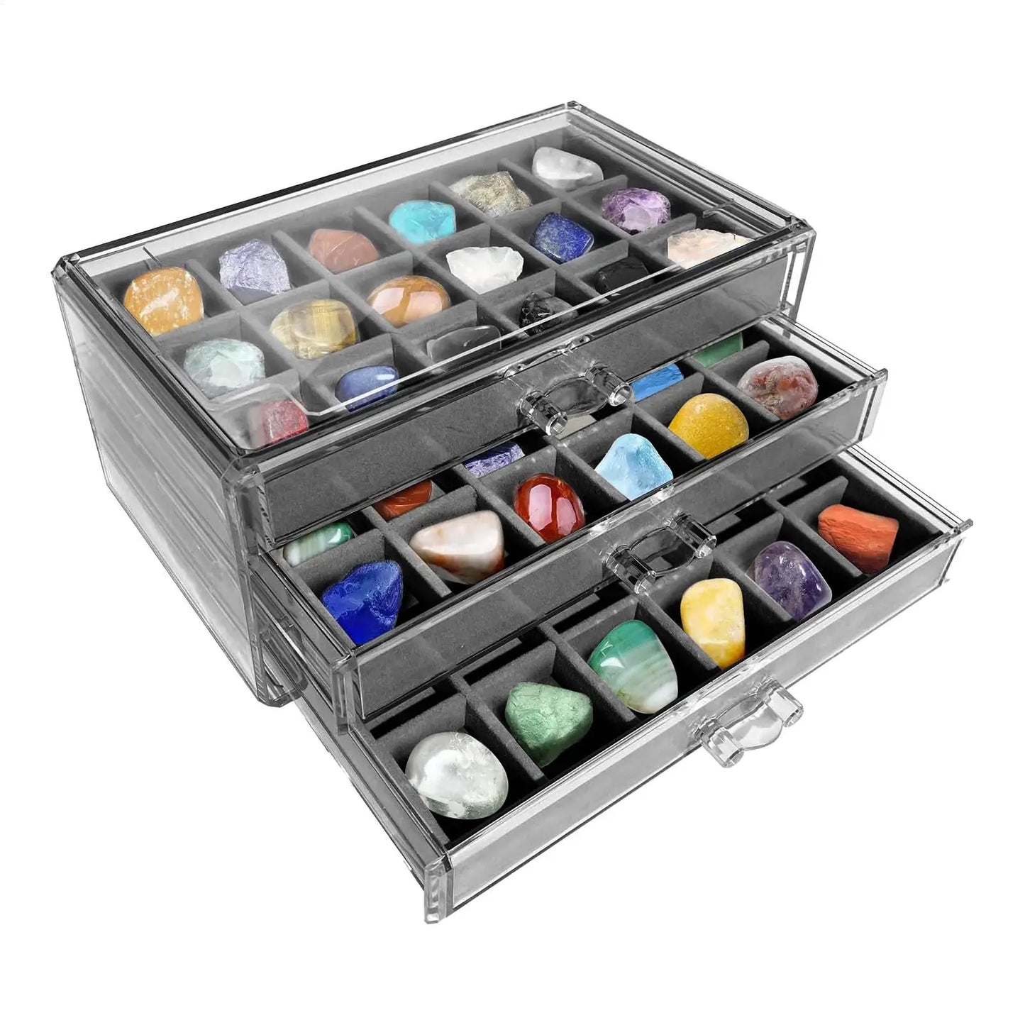 54 Grids Rock Display Case Crystal Gemstone Collection Shelf with Clear Lid Acrylic Organizer for Fossils Minerals Specimens Peaceful Pleasures Health and Wellness