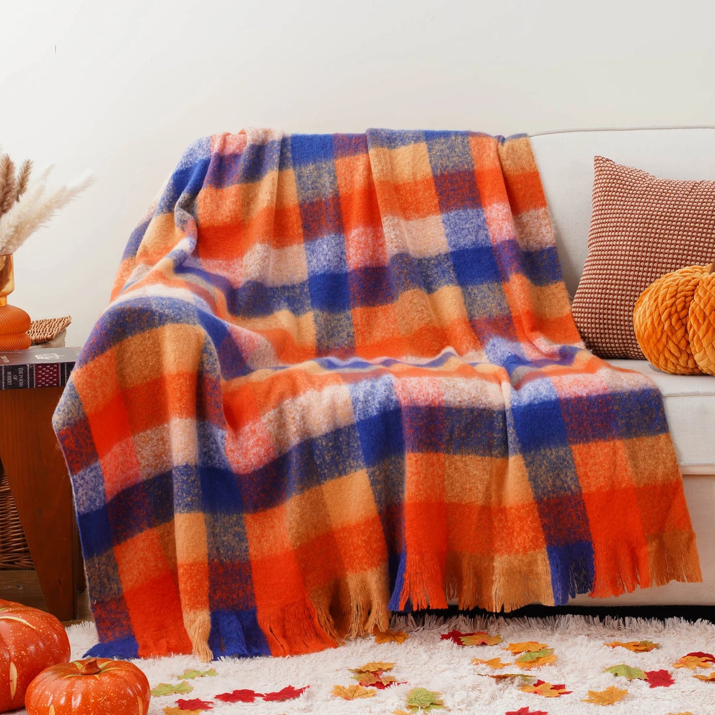 Battilo Plaid Throw Blanket for Home Decor, Colorful Mohair Tartan Plaid Blanket, Soft Cashmere Sofa Blankets,Fall Decor Throws Peaceful Pleasures Health and Wellness Multi Orange 127x152cm