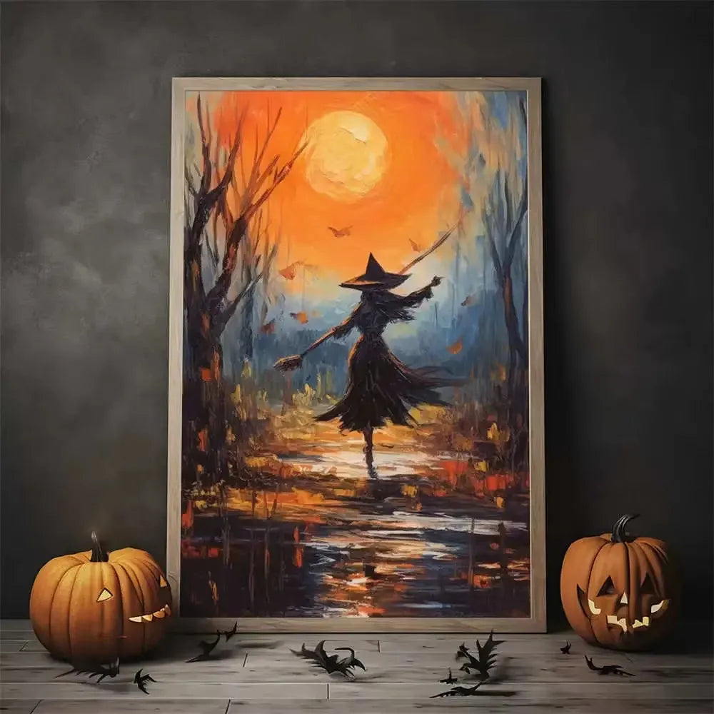 Nordic Style Halloween Poster Aesthetics Ghost Witch Witchcraft Black Cat Pumpkin Canvas Painting Wall Art Room Home Decor Peaceful Pleasures Health and Wellness ZLH5322 100x150cm No Frame