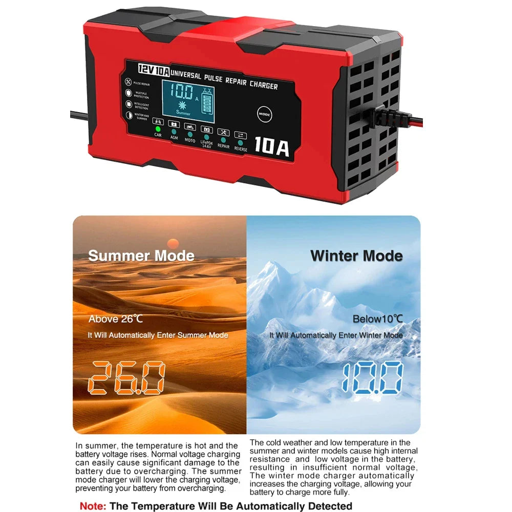 12V 10A Smart Battery Charger – LiFePO4, AGM, GEL & Lead Acid