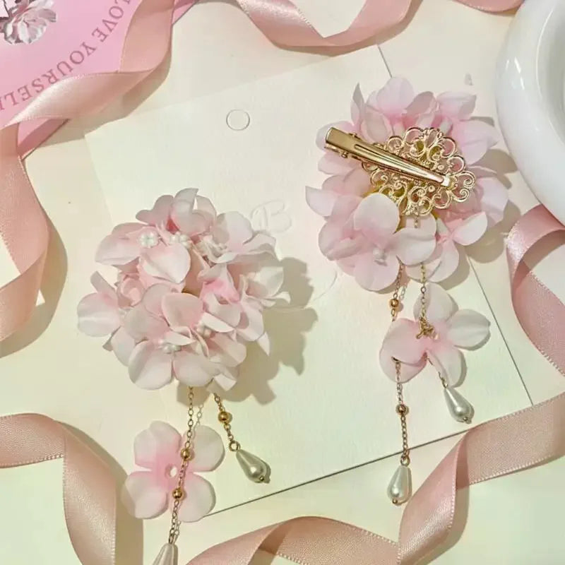 Fabric Flower Tassel Pearl Hair Clips – Women & Girls