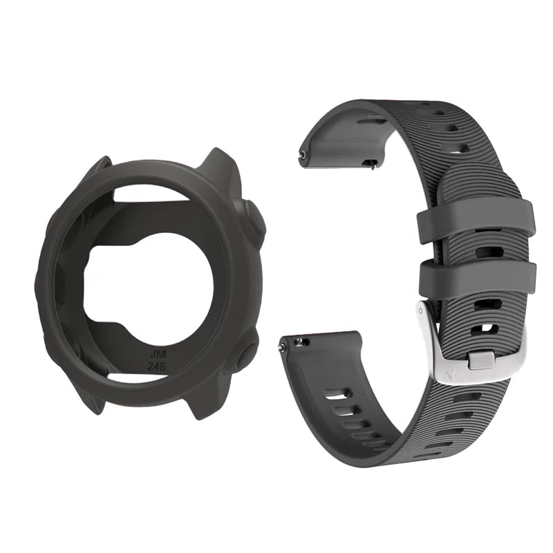 Silicone Protective Case Cover +Strap For Garmin Forerunner 245M/245 Smartwatch Strap Protector Shell Frame Protective Cases Peaceful Pleasures Health and Wellness Dark Grey Case Strap Forerunner 245 245M