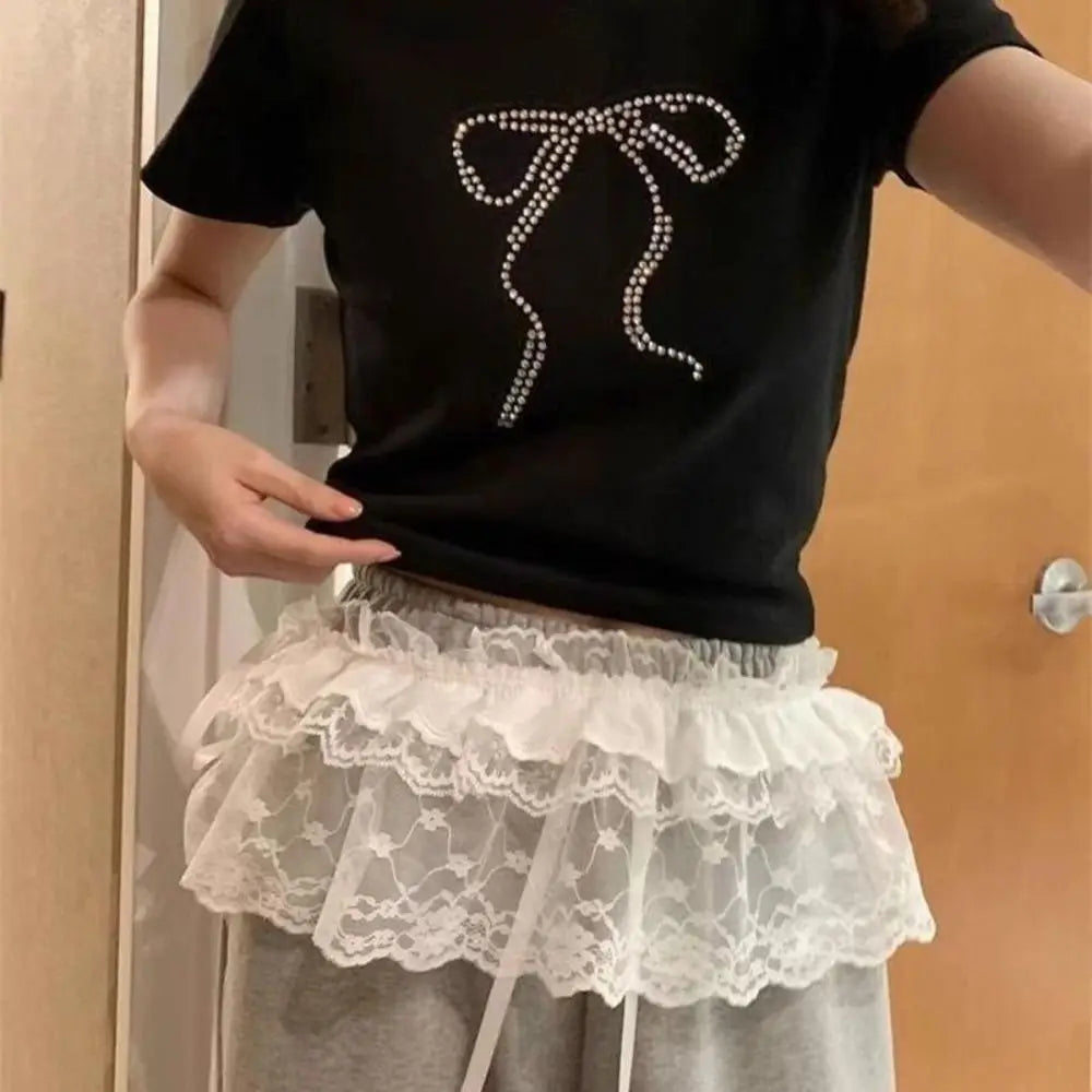 Y2K Embroidered Lace Mini Skirt – Ruffle See-Through Pleated