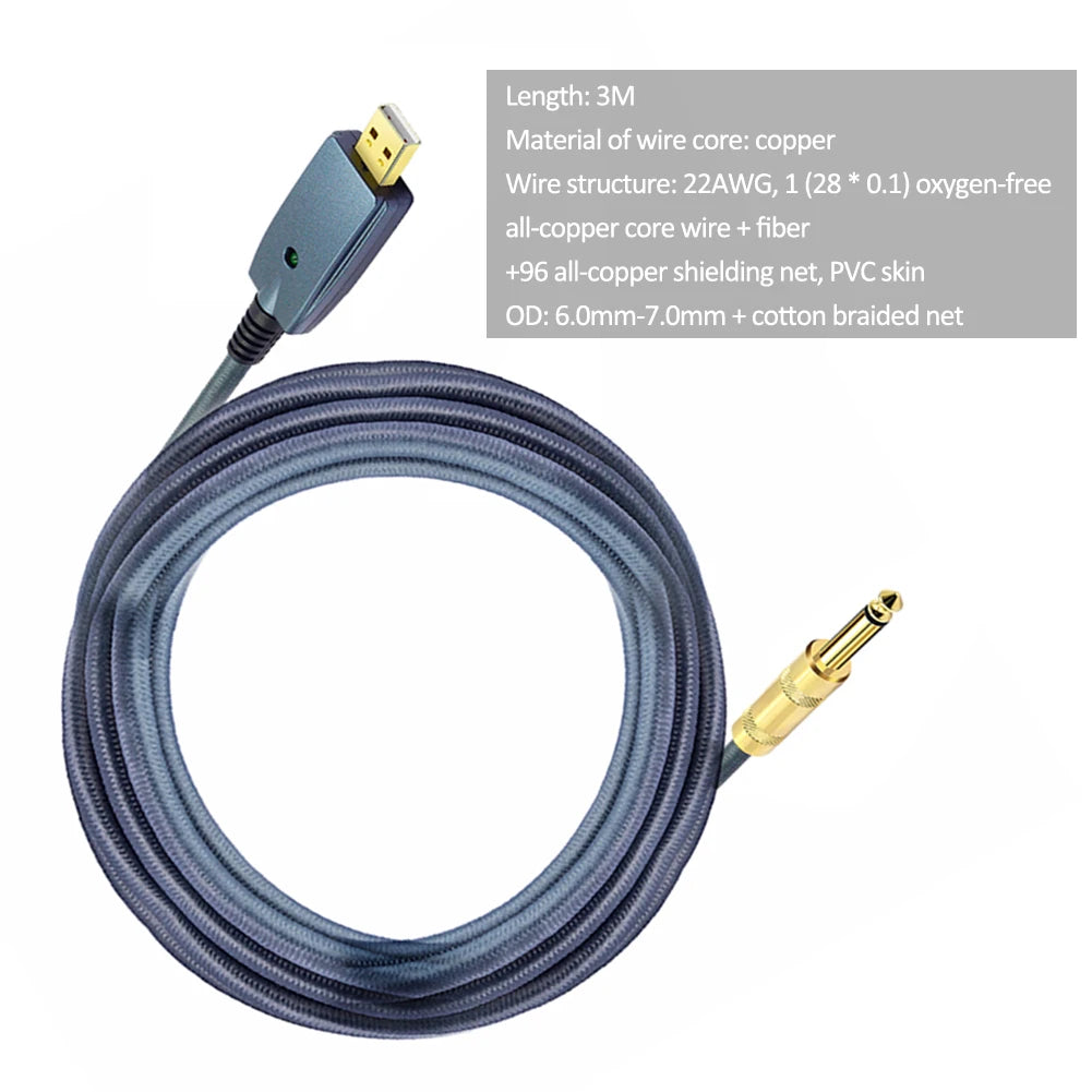 USB Guitar Cable 6.35mm to USB Adapter – 3M No-Driver Cord