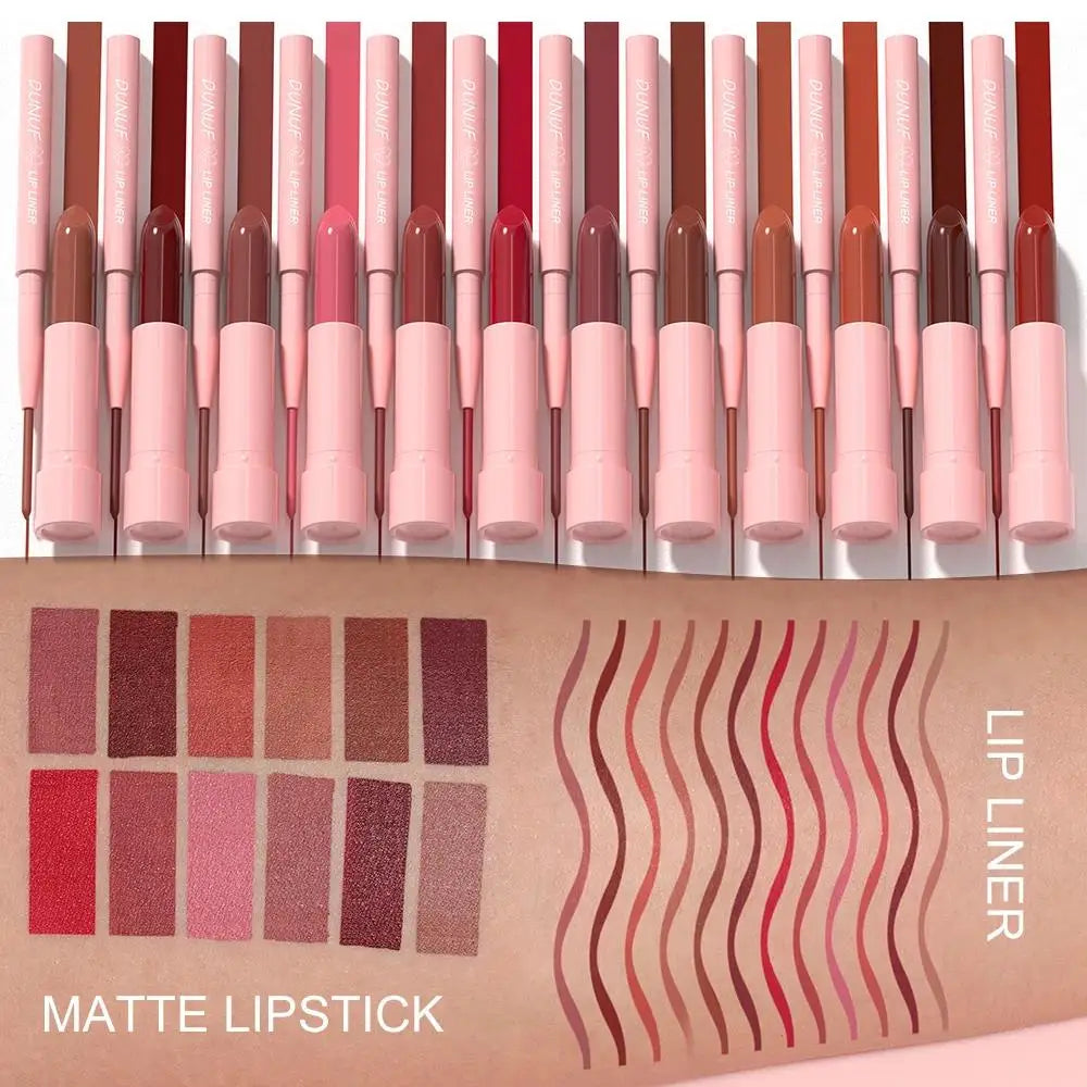 DUNUF 12-Color Matte Lipstick & Lip Liner Set – Waterproof