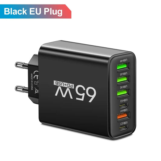 65W 6-Port USB-C Fast Wall Charger | iPhone Samsung Xiaomi Multi-Port Wall Charger Peaceful Pleasures Health and Wellness