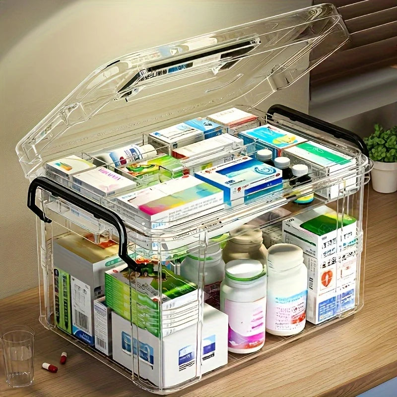 Clear Medicine Organizer Box with Tray & Labels | Storage Chest