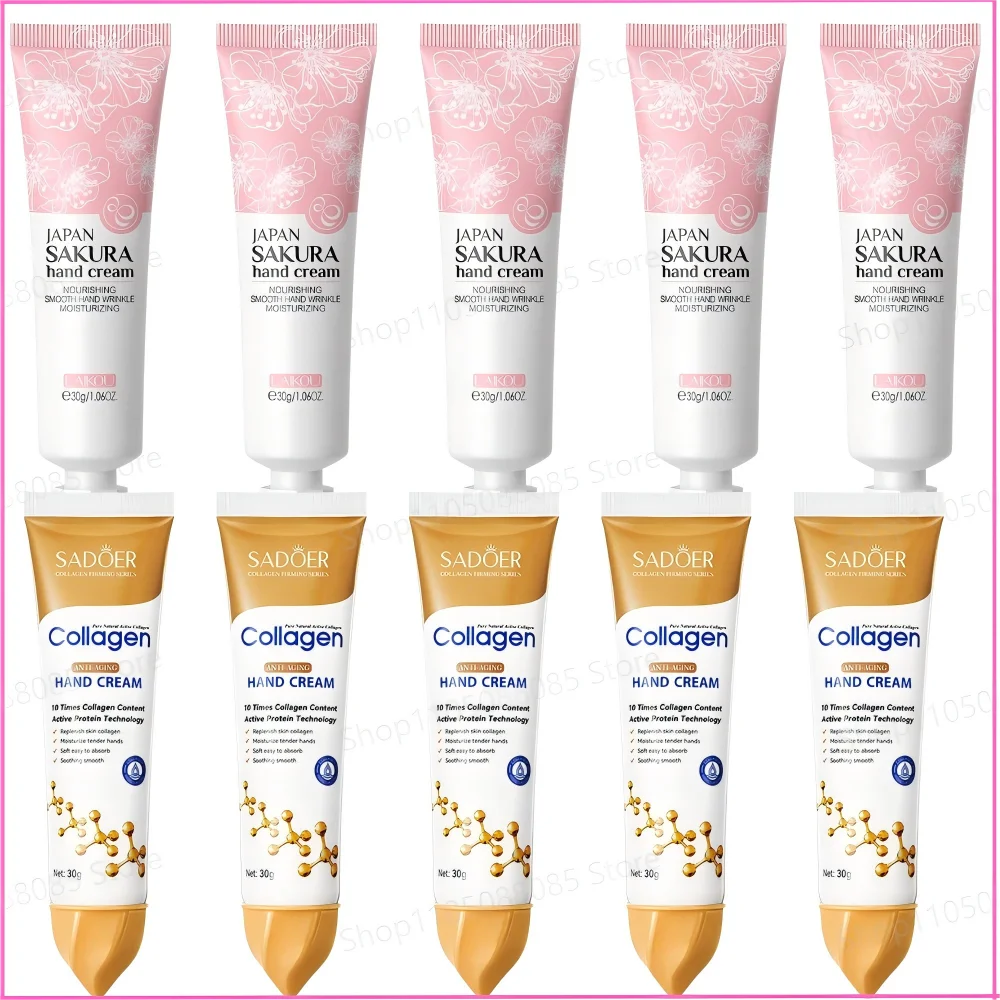 5pcs Sakura/Collagen Hand Cream Hydrating Moisturizing Cherry Blossom Essential Oil Deep Repairing Smoothing Hand Care Cream Peaceful Pleasures Health and Wellness