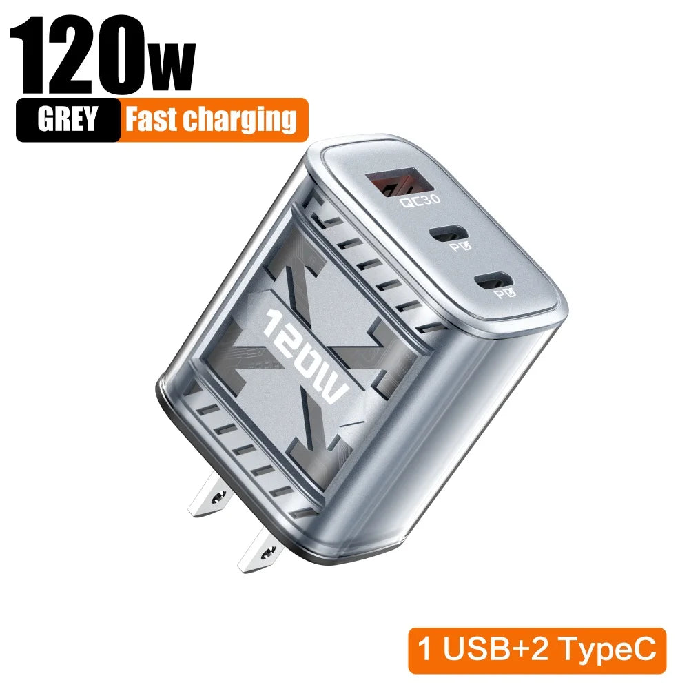 120W USB-C 3-Port Fast Charger PD QC3.0 | EU & US Plug