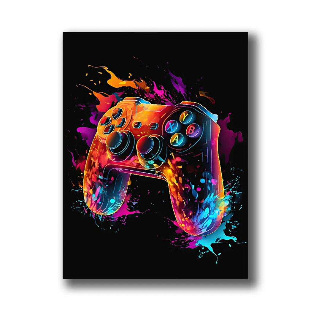 Neon Gaming Canvas Wall Art | Gamepad & Character Poster