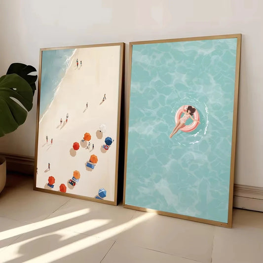 Summer Girl Swimming Pool Party Wall Art-Beach and Ocean Canvas Prints for Nordic Living Room Decor,Boat-Themed Home Art Peaceful Pleasures Health and Wellness