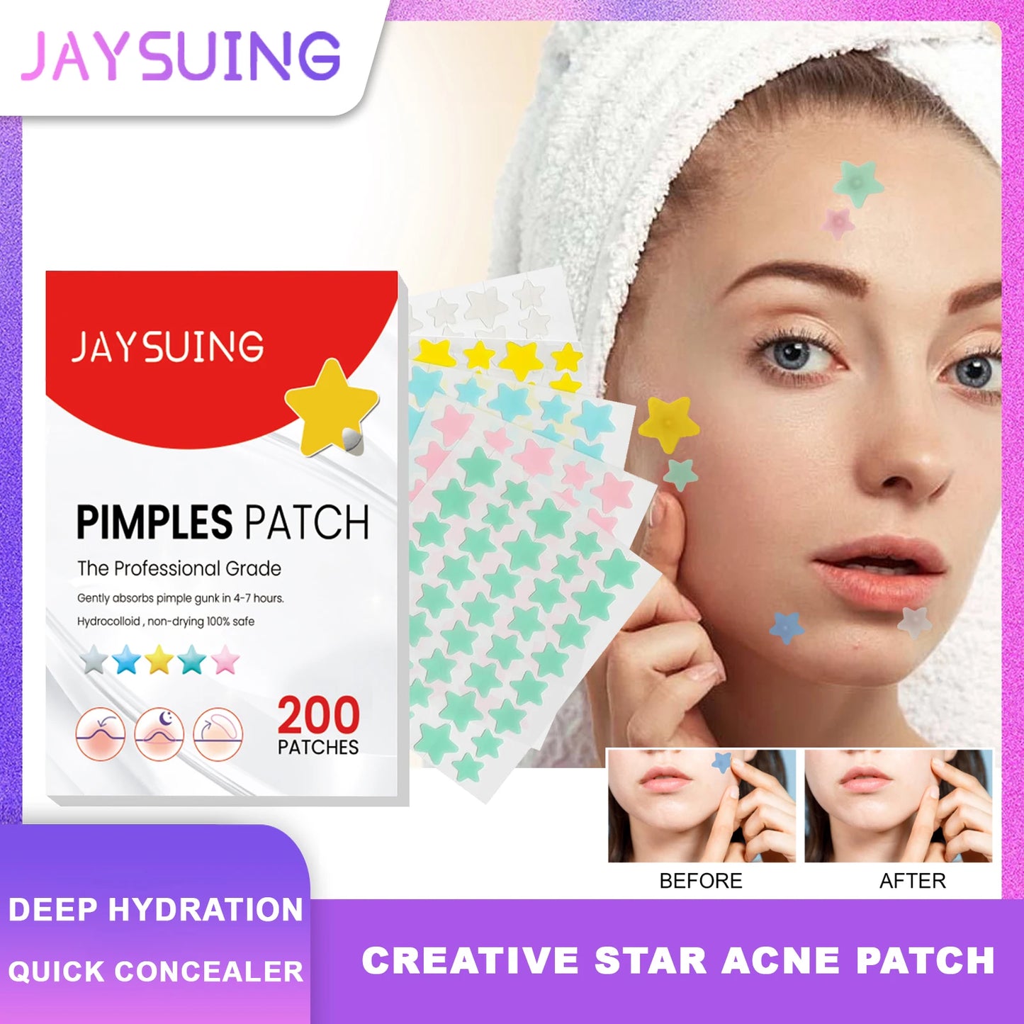 Jaysuing 200-Piece Star Acne Patches – Hydrocolloid Blemish Dots