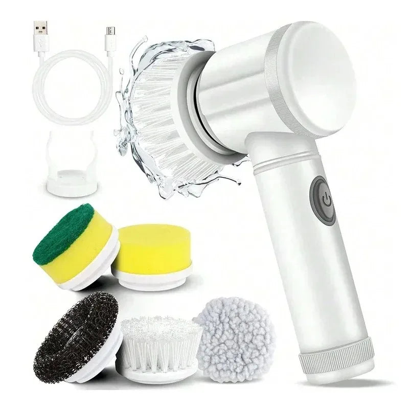 Electric Spin Scrubber 5-in-1 Cleaning Brush with 5 Replaceable Brush Heads for Bathroom Tile Bathtub Sink Cleaning Peaceful Pleasures Health and Wellness white