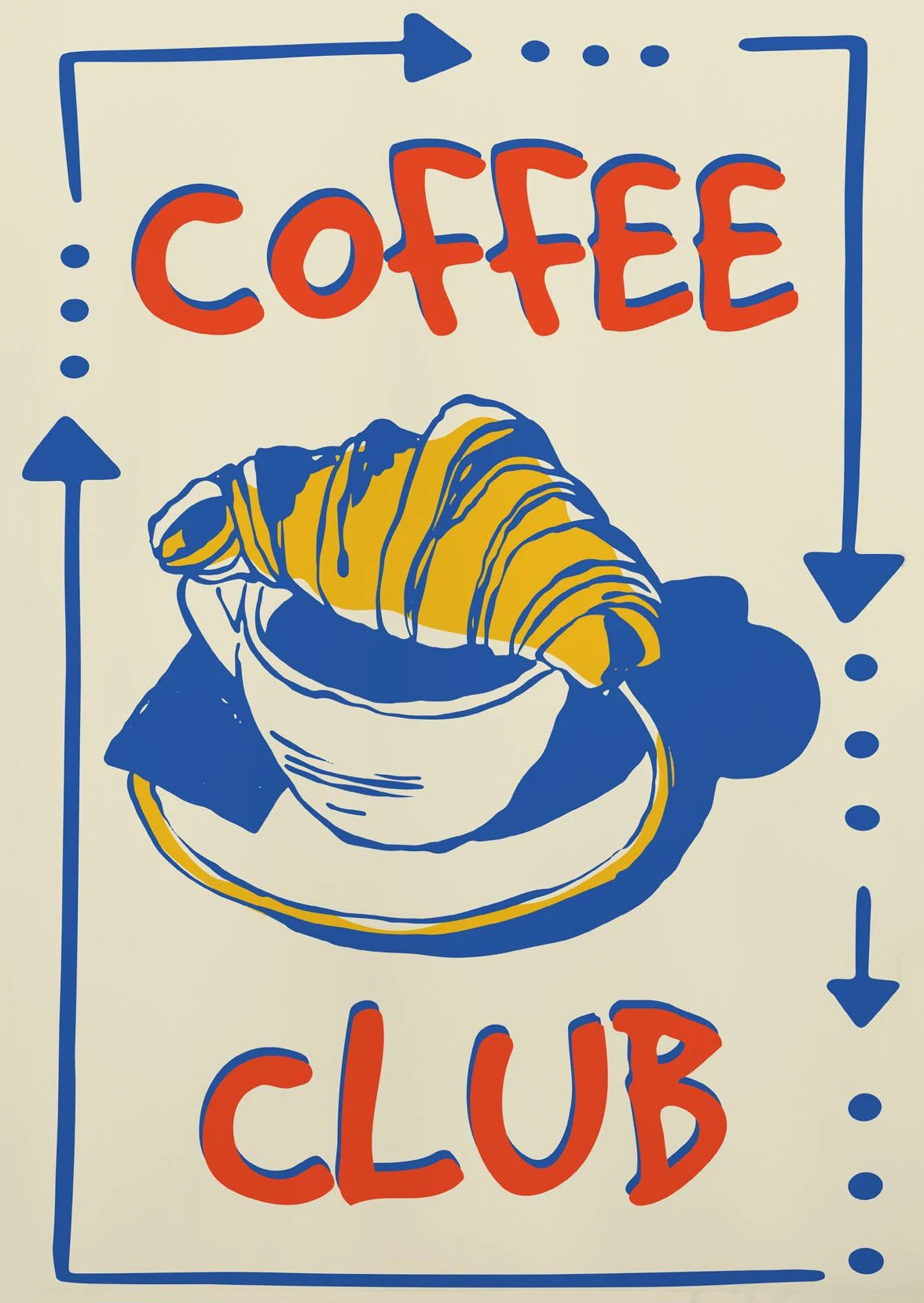 Coffee Shop Afternoon Tea Croissant Colorful Coffee Cup Retro Poster Canvas Paintings Wall Art Pictures Cafe Kitchen Home Decor Peaceful Pleasures Health and Wellness TL2519 50x70cm Unframed