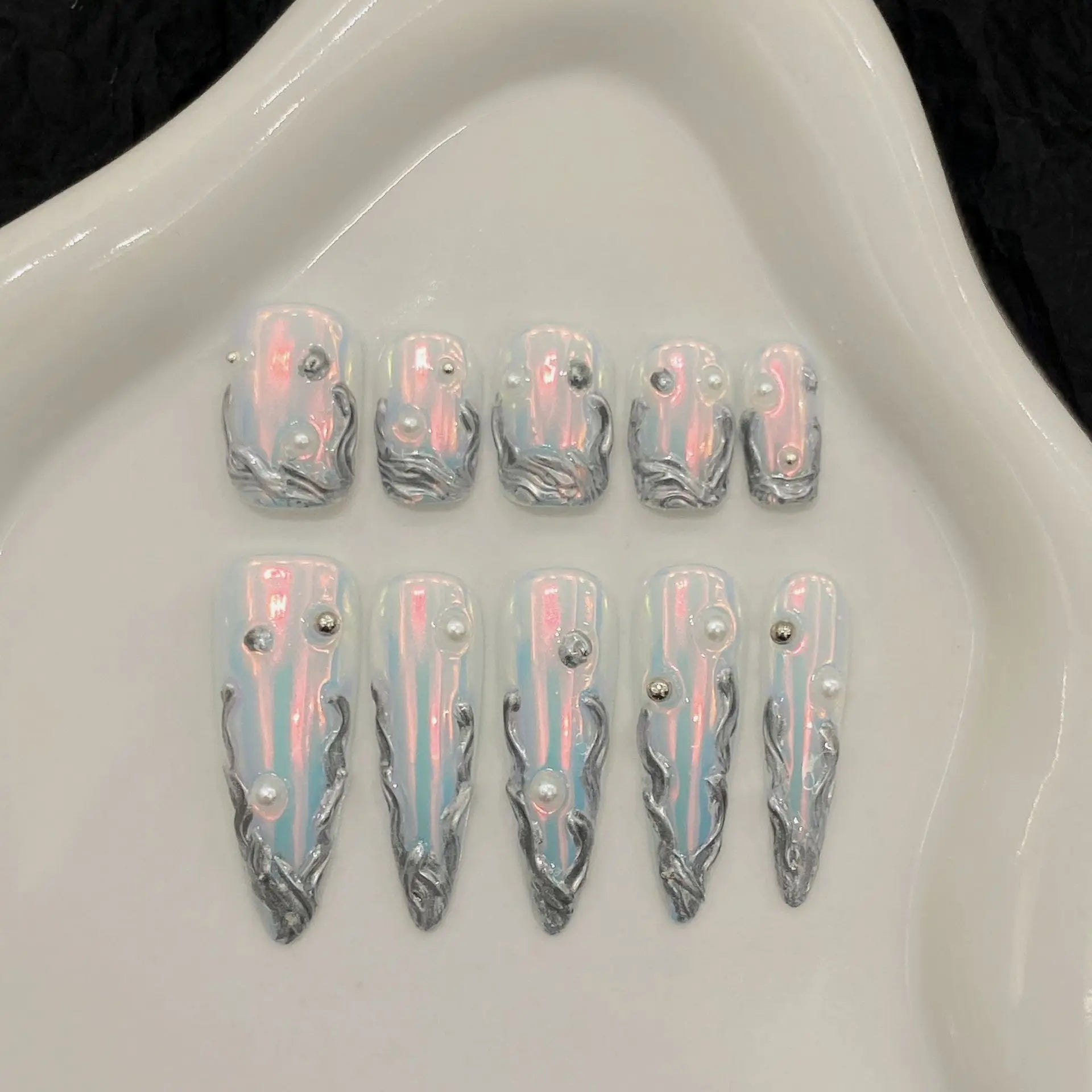 10pcs Handmade Press on Nails Summer Aurora Purple Fake Nail Tips Women Wearable Full Cover Spice Girl Long Almond False Nails Peaceful Pleasures Health and Wellness M