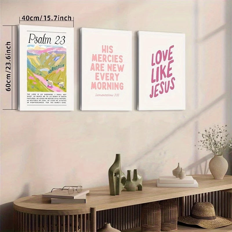 3pcsModern Christian Pink Bible Verse Wall Art Print Canvas Painting Poster Picture For Living Room,Bedroom Home Decor Peaceful Pleasures Health and Wellness
