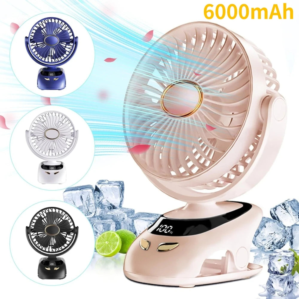 Portable USB Clip-On Desk Fan | 5-Speed, LED Display, Rechargeable