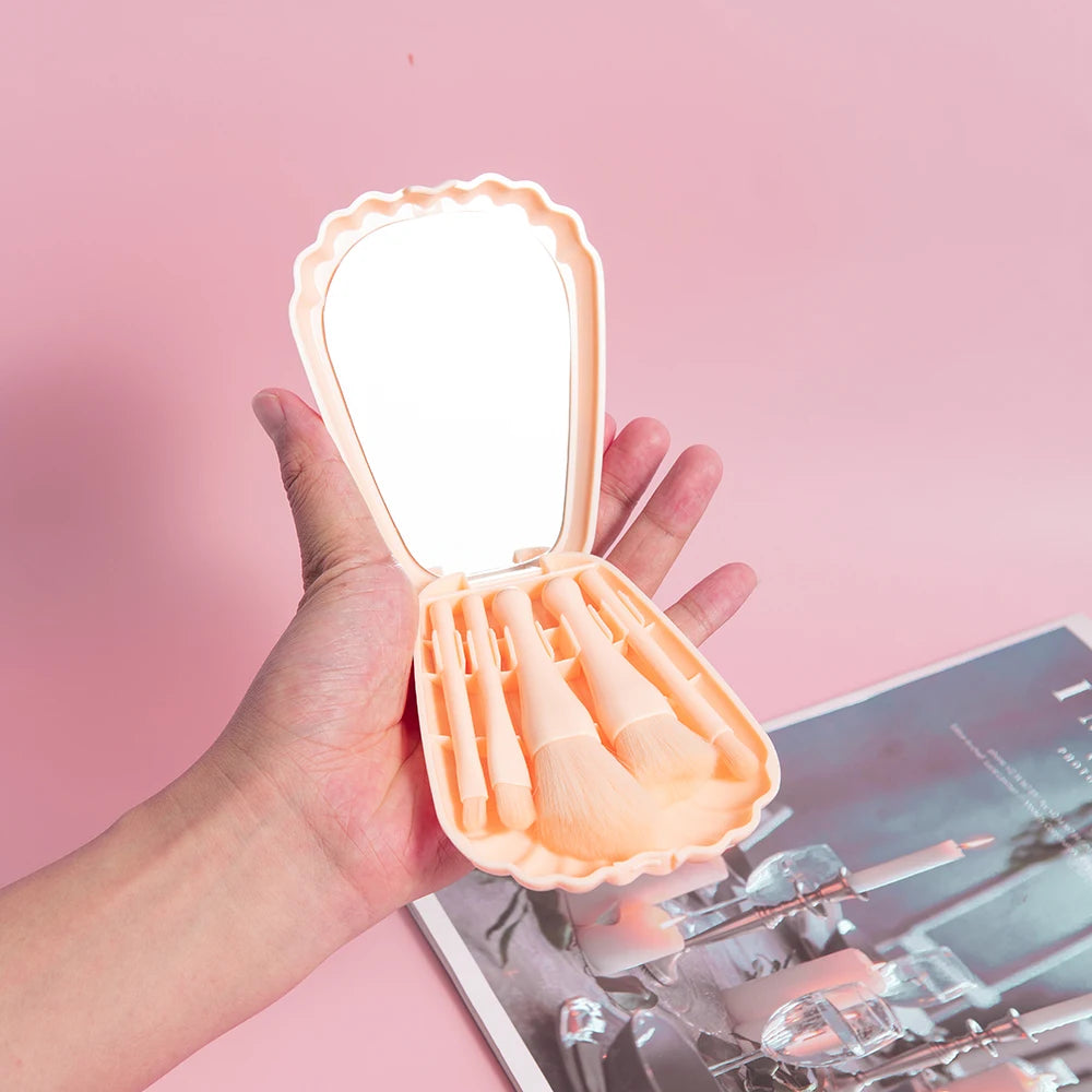 5Pcs Shell Makeup Brush Set with Mirror, Portable Travel Cosmetic Brushes, Powder Blush Eyeshadow Makeup Brushes Kit, Full Beaut Peaceful Pleasures Health and Wellness