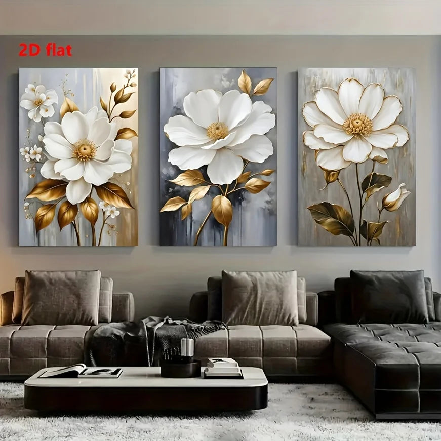 3-Piece Golden Leaves White Flowers Canvas Wall Art | Unframed Canvas Wall Art Peaceful Pleasures Health and Wellness 40x50cm No Frame ZLH11275-3pcs