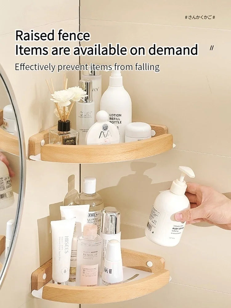 Wood & Aluminum Corner Shower Shelf | Bathroom Wall Organizer