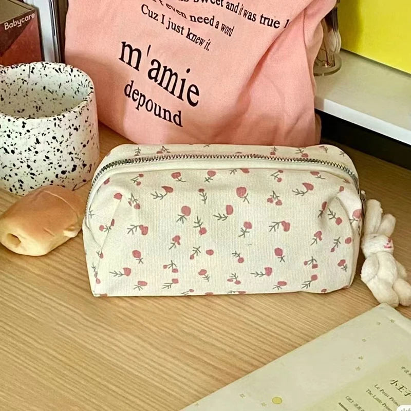 Floral Canvas Pencil Case – Large Capacity Bag for Girls