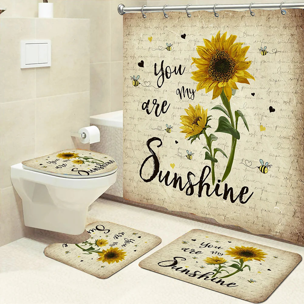 4pcs Set Doormat Shower Curtain with Non-Slip Rugs Toilet Seat Cover Bath Carpet Durable Waterproof Bathroom Home Entrance Decor Peaceful Pleasures Health and Wellness