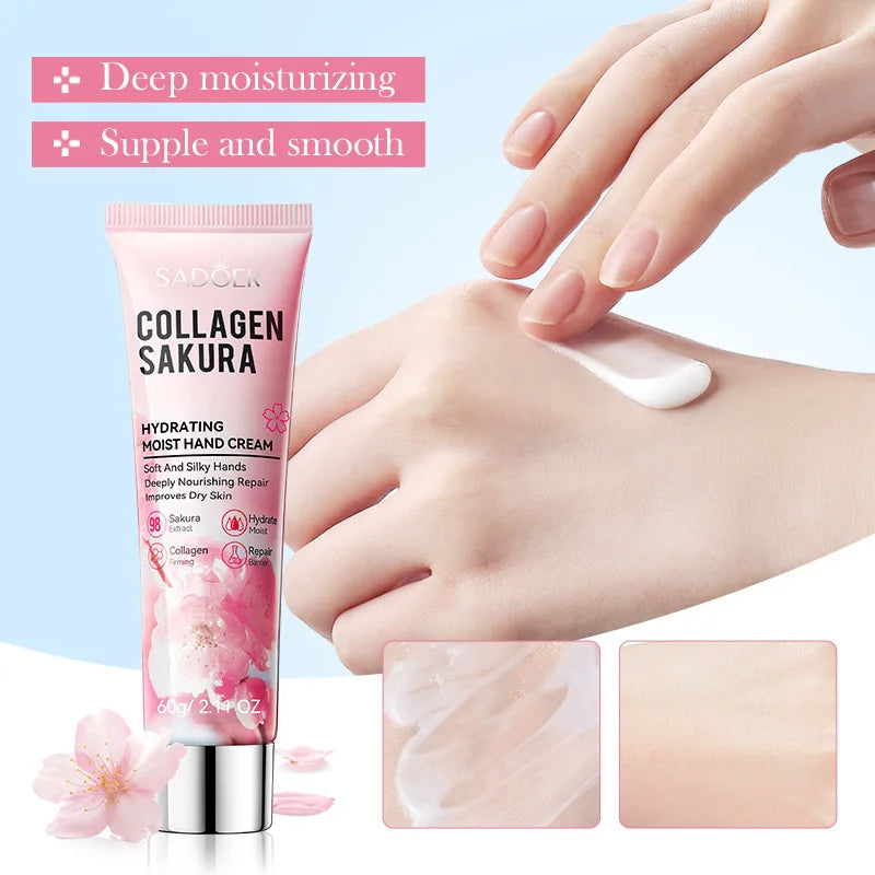 SADOER Sakura Collagen Hand Cream Moisturizing & Nourishing, Brightening Care, Anti-Wrinkle Anti-Crack Cream for Hands 60G Peaceful Pleasures Health and Wellness