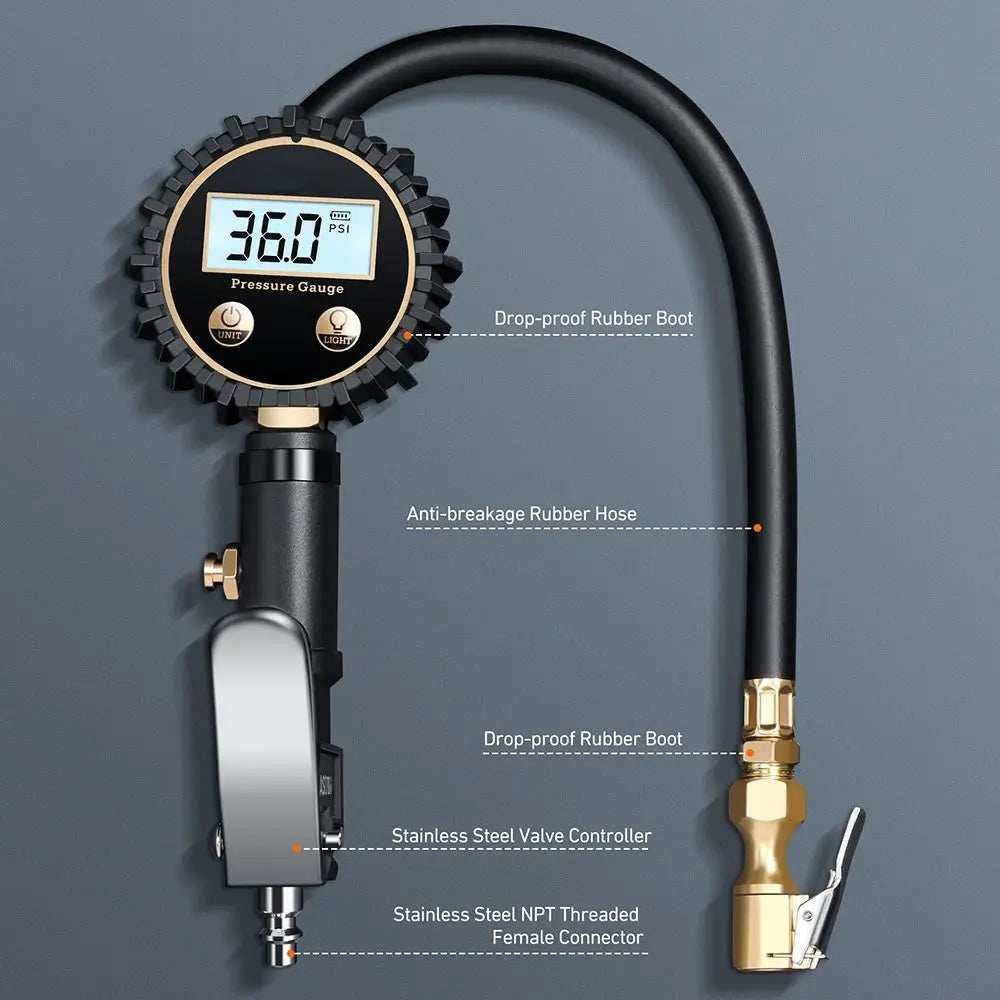 Digital Tire Pressure Gauge 250 PSI 0.1 Resolution Heavy Duty Air Chuck for Tire Inflator Compressor Peaceful Pleasures Health and Wellness