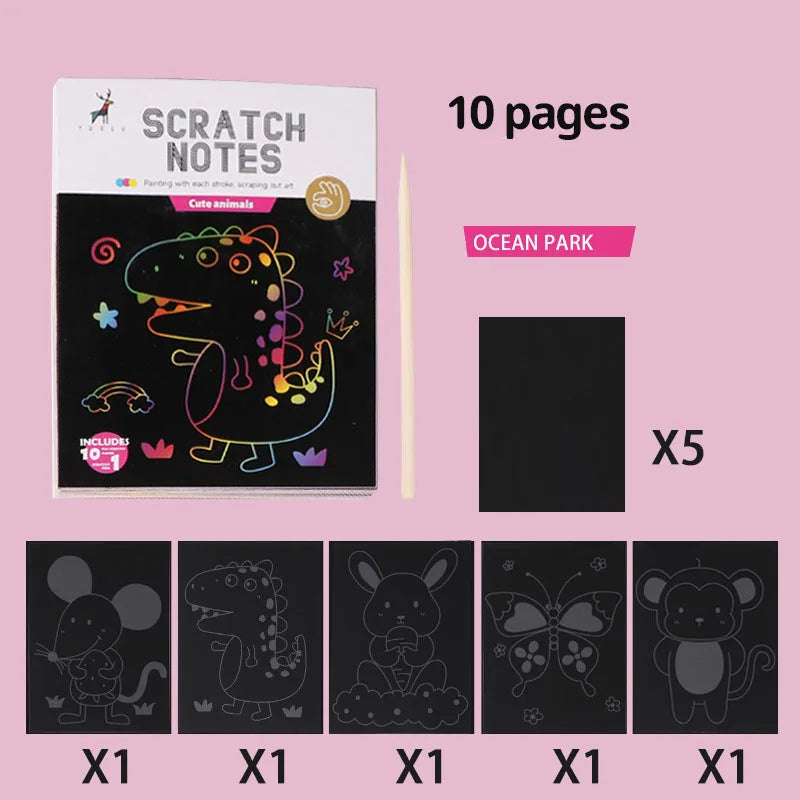 Magic Rainbow Scratch Art Activity Books Kids Cartoon Dinosaur Ocean
