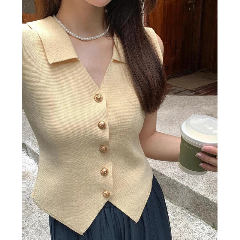 Women's V-Neck Gold Buckle Knitted Sleeveless Vest | Summer Top