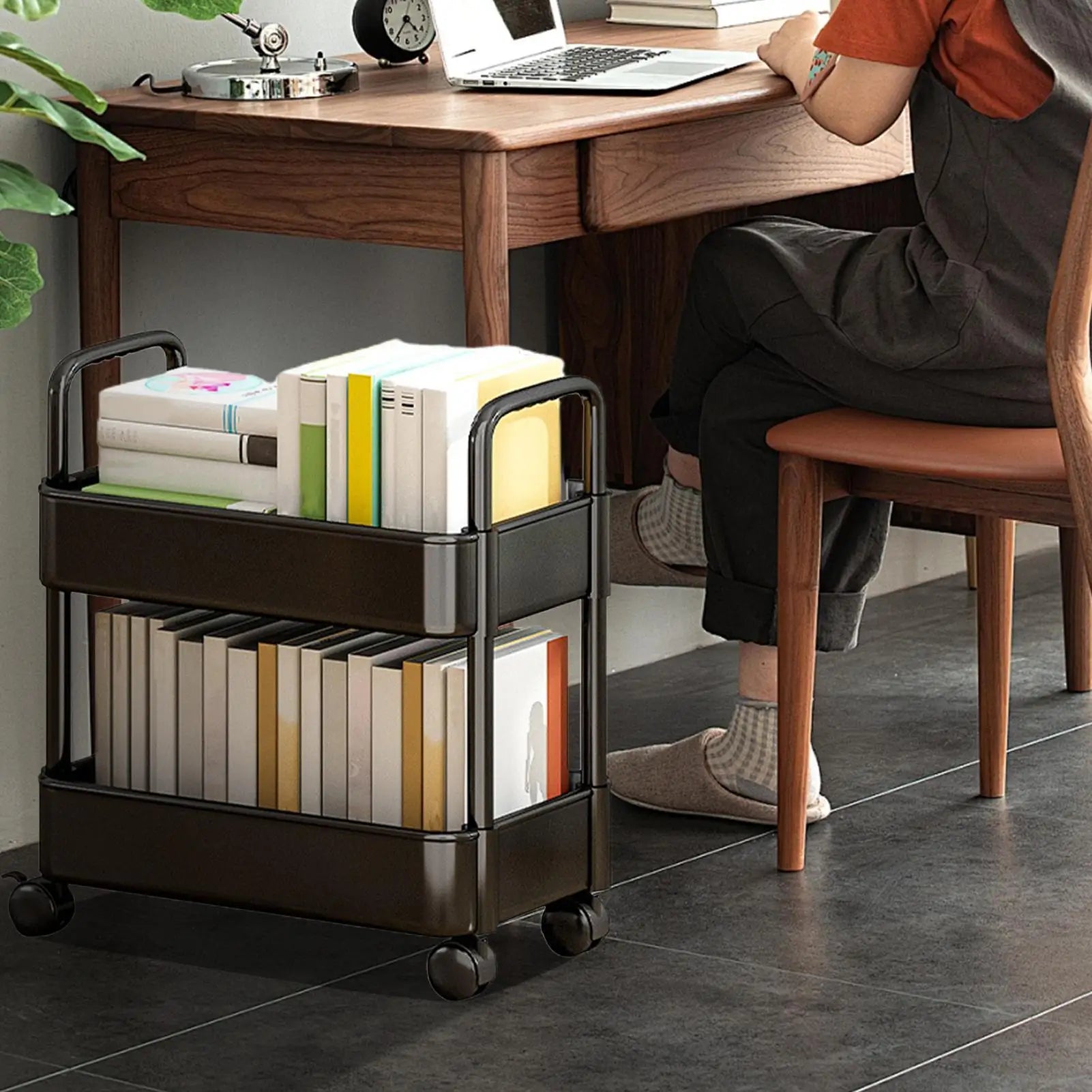 2-Tier Movable Bookshelf Cart with Wheels Multi-Purpose Storage Rack for Books Toys Snacks Household Mobile Organizer Peaceful Pleasures Health and Wellness
