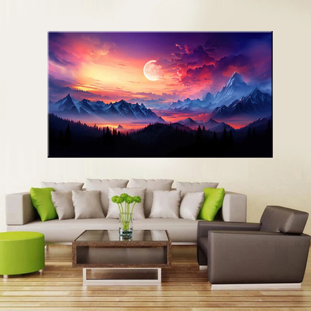 Mountain Landscape Sunset Moon Canvas Wall Art | Home Decor