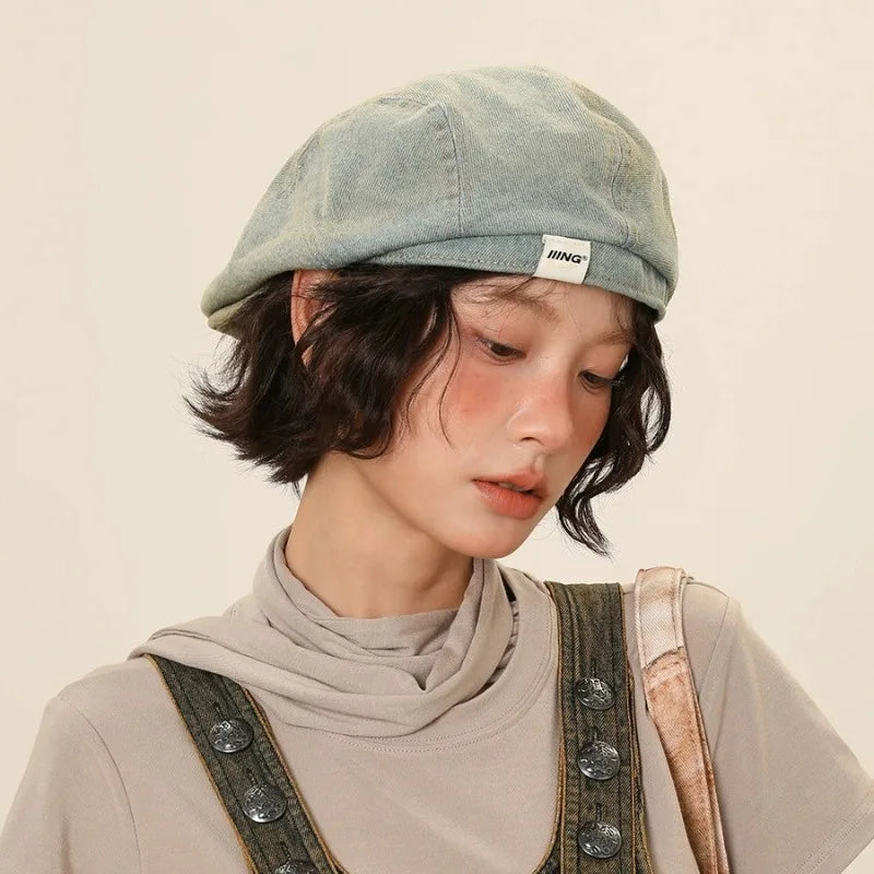 Women's Retro Washed Denim Beret | Cotton Forward Hat