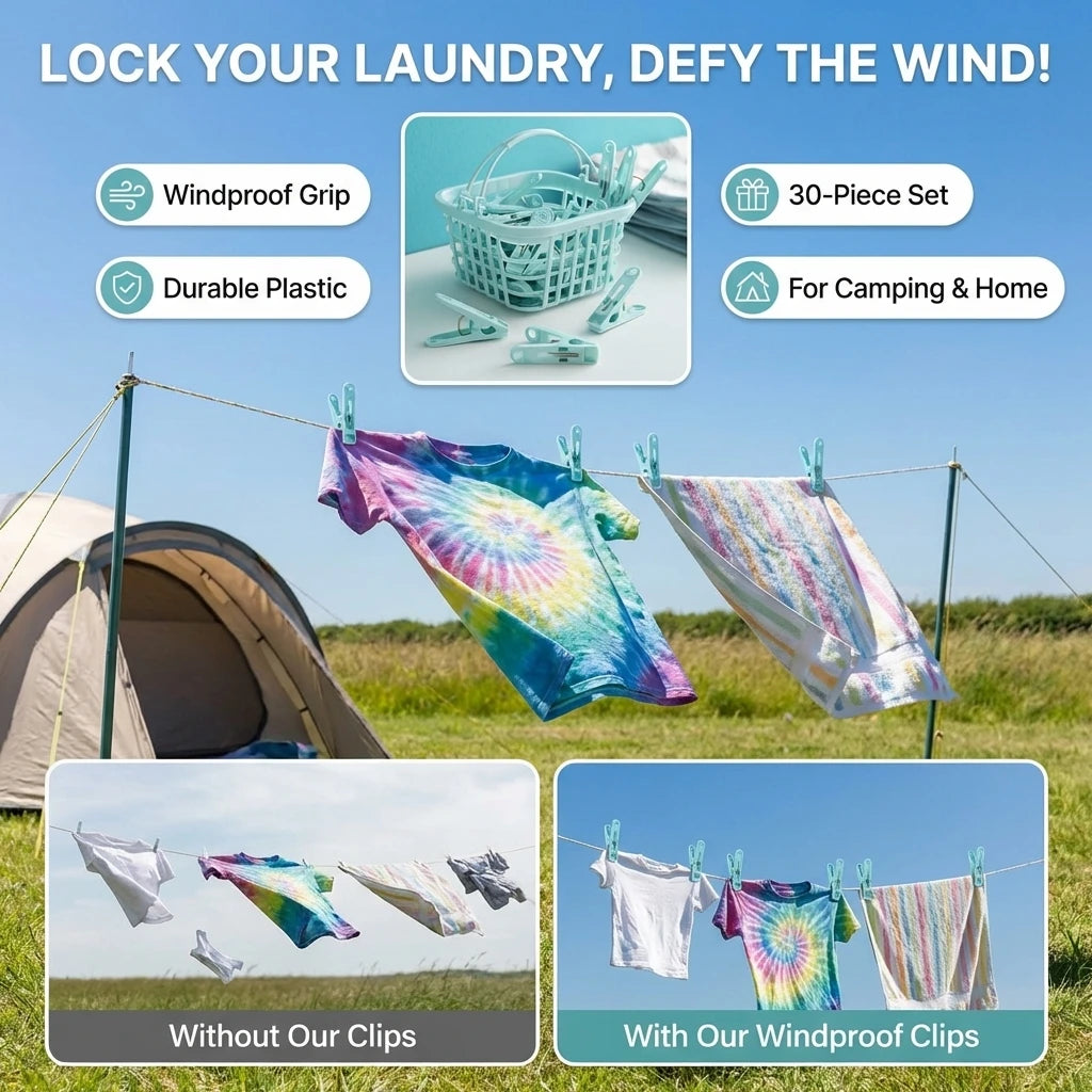 30-Pack Anti-Wind Plastic Clothes Pegs | Outdoor Camping Clips