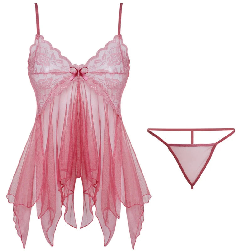 Sexy Lingerie Women Silk Lace Sleeveless Babydoll V Neck Nightdress Nightgown Short Sleepwear Night Dress Underwear Peaceful Pleasures Health and Wellness Pink