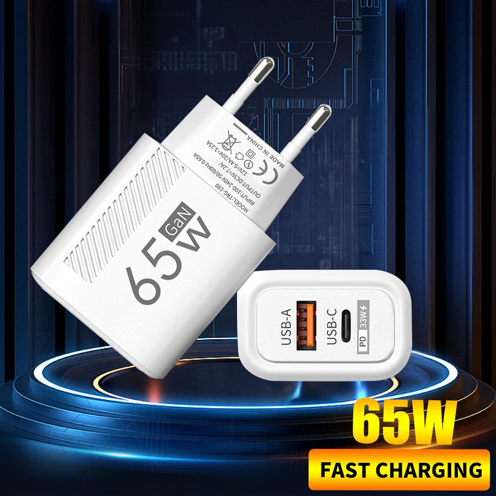 65W GaN Fast Charger PD QC3.0 Dual Port USB Wall Adapter EU US Plug Compatible with iPhone Samsung Xiaomi Tablets Travel Charger Peaceful Pleasures Health and Wellness