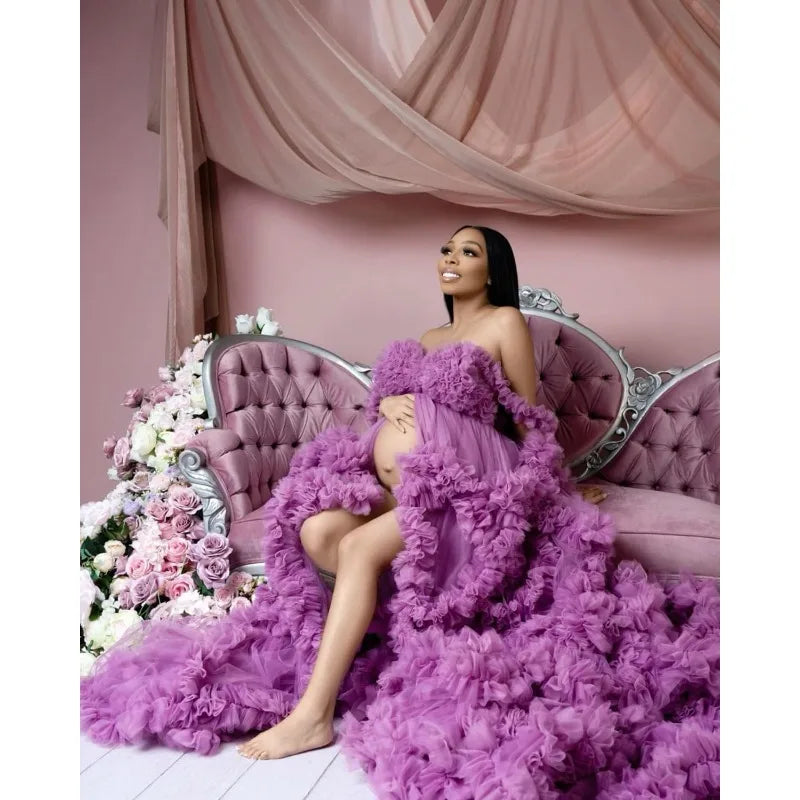 Photoshoot & Baby Shower Tulle Maternity Dress - Off Shoulder, Puffy Ruffles, Elegant Long Robe for Pregnancy Peaceful Pleasures Health and Wellness