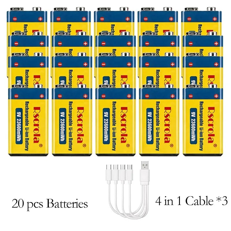 Rscrola 9V USB-C Rechargeable Battery 23600mWh Li-ion Constant Voltage for Guitar Pedal Smoke Detector Multimeter, Long Life Wit Peaceful Pleasures Health and Wellness 20 PCS Batteries 9v