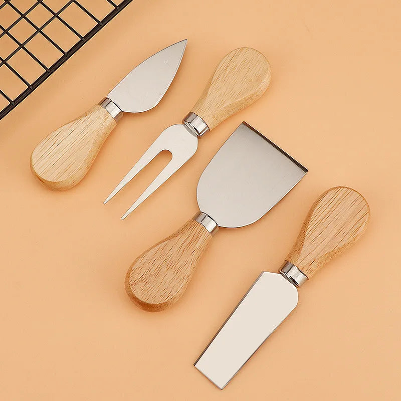 4 Piece Stainless Steel Cheese Knives Set Wood Handle Butter Cheese Cutter Jam Cream Spatula Pizza Knife Kitchen Utensils Set Peaceful Pleasures Health and Wellness