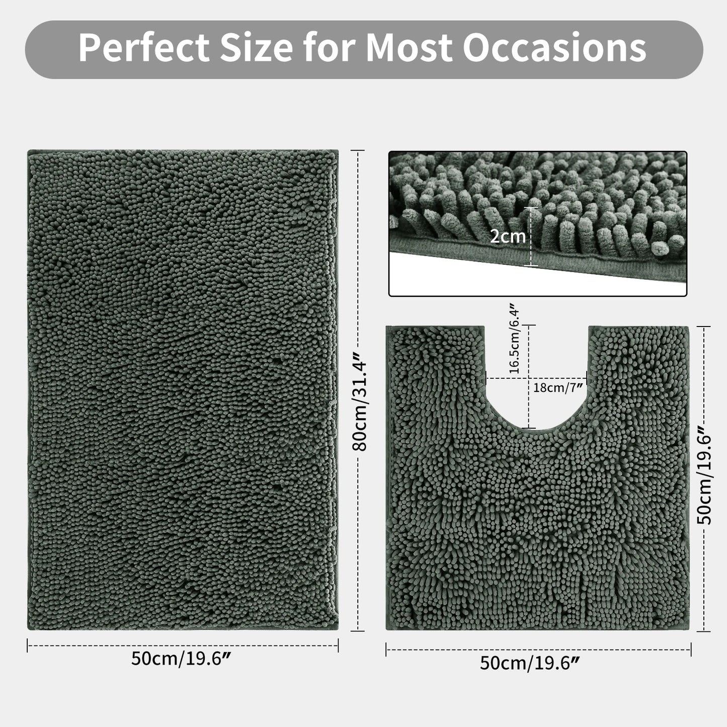 Pack of 2 Chenille Bath Mat Plush Carpet Bathroom Bathtub Floor Rug Room Living Room Entrance Super Absorbent Anti-Skid Foot Pad Peaceful Pleasures Health and Wellness Dark Grey