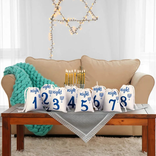 8-Piece Hanukkah Countdown Gift Bags | Candlestick Design Pouches Holiday Gift Bags Peaceful Pleasures Health and Wellness